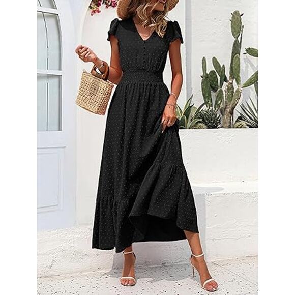 Womens Black Boho Short Sleeve V Neck Swiss Dot Ruffle Cocktail Dress - Picture 2 of 4